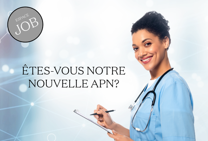 Jeune femme souriante avec bloc notes et stéthoscope, texte: êtes-vous notre nouvelle APN?