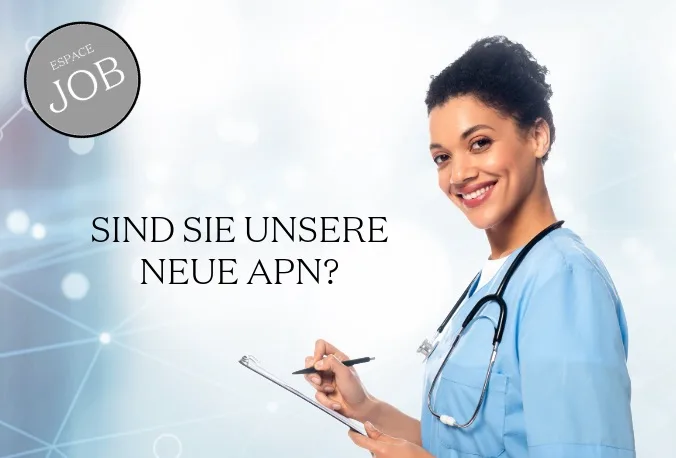 Junge Frau mit Stetoskop und Notizblock, Text: Sind Sie unsere neue APN?