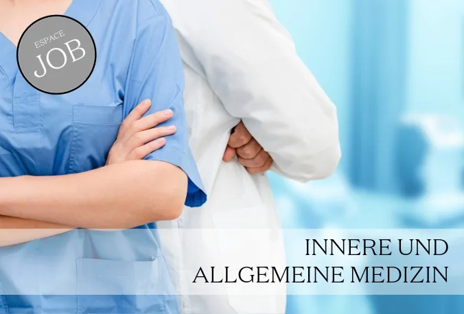 Ärztin und Arzt Rücken an Rücken. Logo: Espace Job. Text: Innere und allgemeine medizin