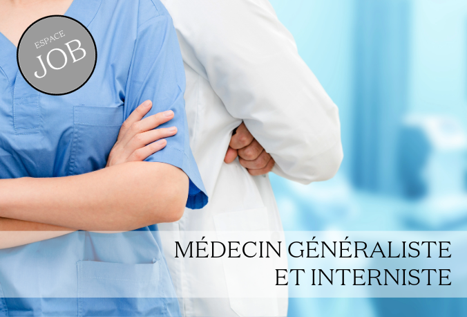 2 médecins homme et femme dos contre dos. Texte Logo Espace Job. Texte: Médecin généraliste et interniste
