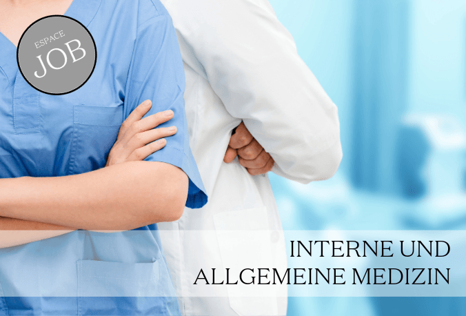 Ärztin und Arzt Rücken an Rücken mit verschränkten Armen. Oben links Symbol Espace Job. Unten Rechts Text: Inntere und allgemeine Medizin