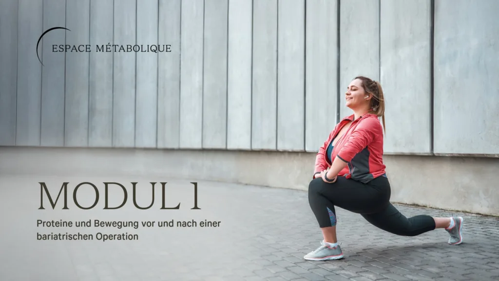 Frau macht Sportübung: Ausfallschritt. Trägt schwarze Leggings und rote Sportjacke.