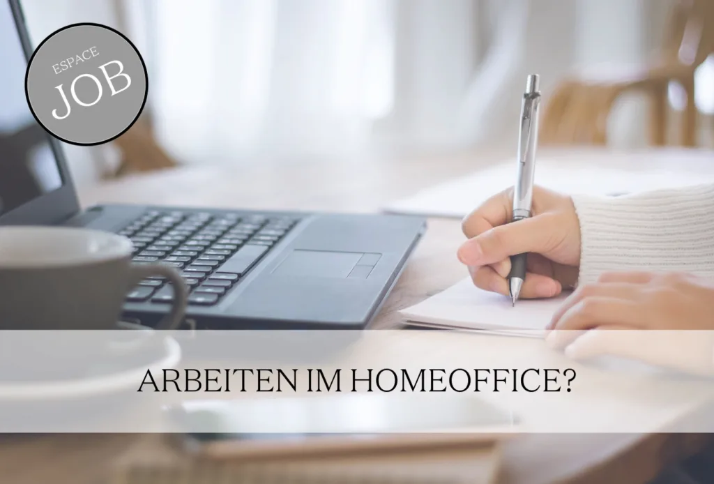 Hand mit Schreiber, dazu Text "Job" und "Arbeiten im Homeoffice?"
